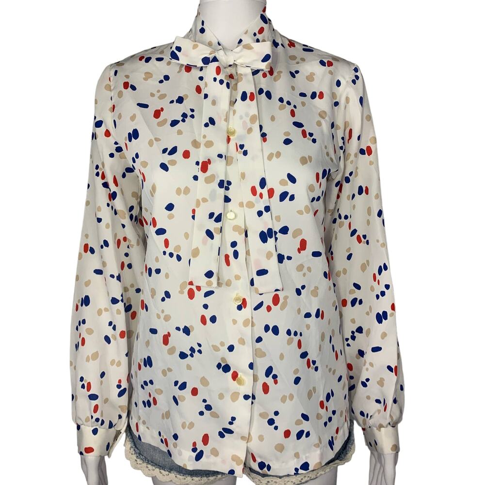 Vintage  Ultressa blouse bow neck long sleeve multicolor dots Small